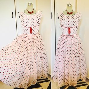 1950s Dreamy Chiffon & Red Dot Dress